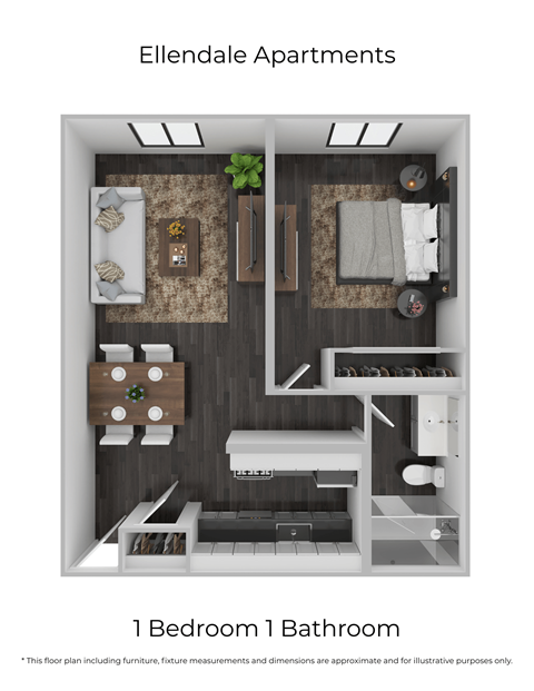 Floor plan for 1 bed, 1 bath, 650 sqft